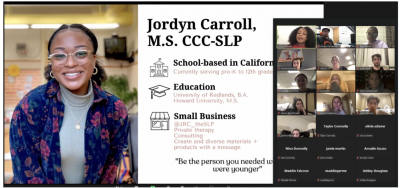 A slide of Jordyn Carroll presenting to the NSSLHA chapter, displayed next to a screenshot of NSSLHA chapter members on the virtual call. 